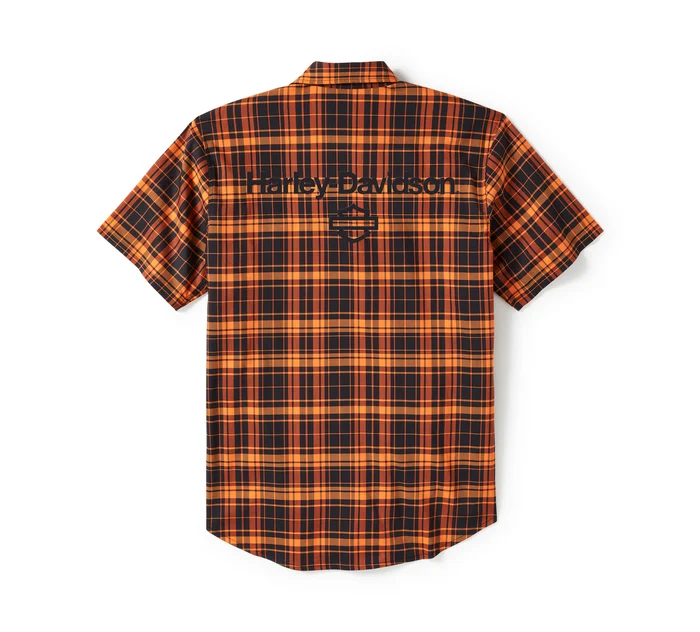 Men's H-D TECH Coolmax Plaid Short Sleeve Shirt - Plaid - Harley Black & Harley Orange