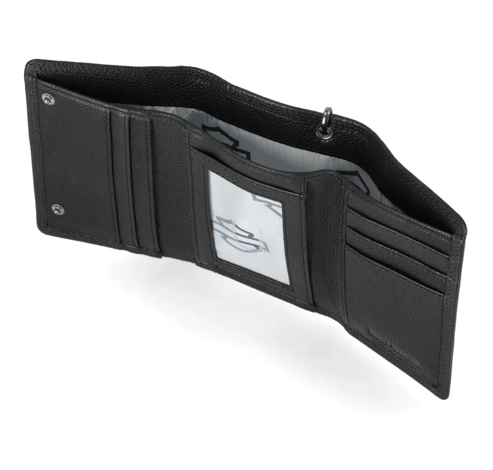 SKULL EMBOSS MED TRIFOLD CHAIN WALLET BLACK