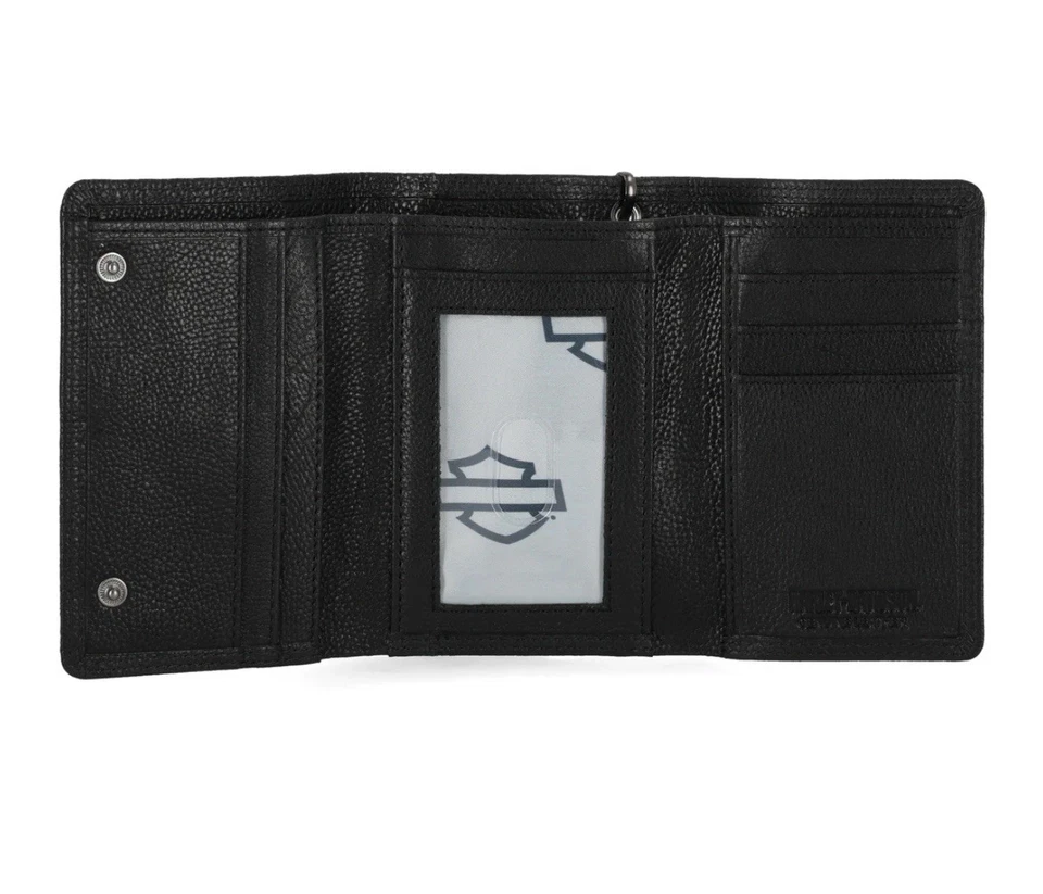 SKULL EMBOSS MED TRIFOLD CHAIN WALLET BLACK
