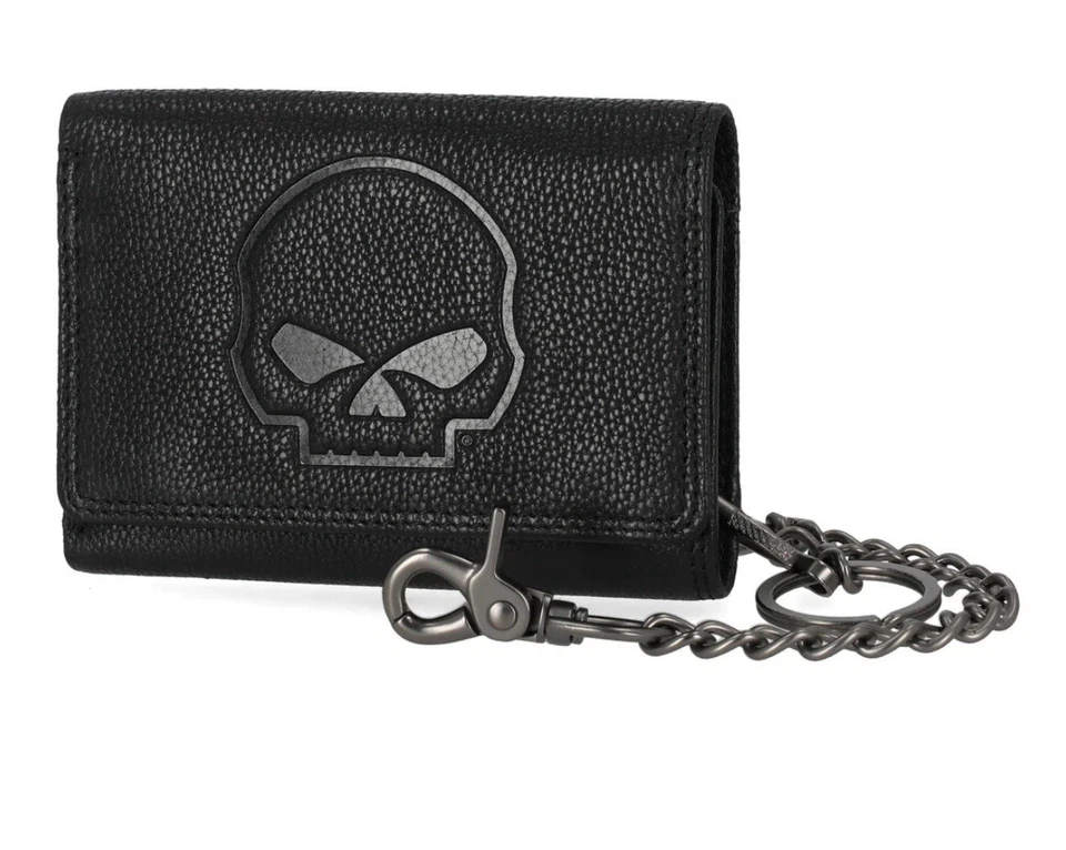 SKULL EMBOSS MED TRIFOLD CHAIN WALLET BLACK