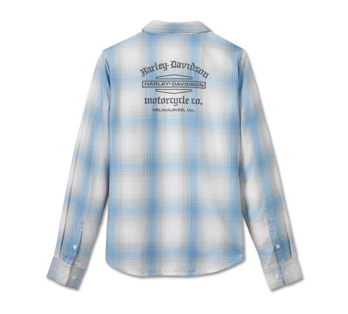 Women's Stacked Bar & Shield Long Sleeve Viscose Shirt - Plaid - All Aboard & Vapor Blue