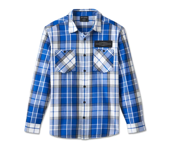 Men's Stacked Bar & Shield Long Sleeve Plaid Shirt - Plaid - Surf the Web & White