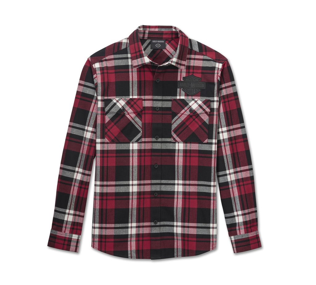 Men's Bar & Shield Flannel Shirt - Plaid - Chili Pepper & Harley Black