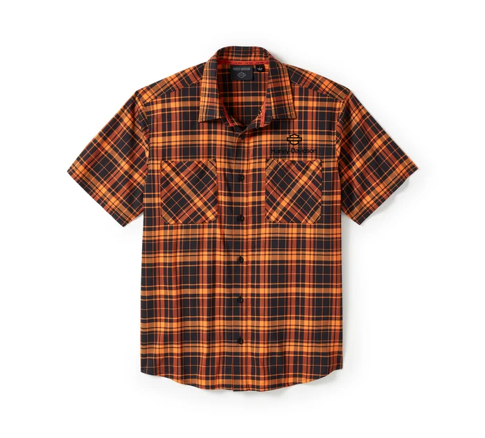 Men's H-D TECH Coolmax Plaid Short Sleeve Shirt - Plaid - Harley Black & Harley Orange