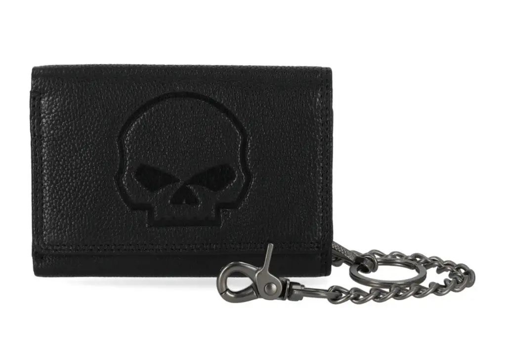SKULL EMBOSS MED TRIFOLD CHAIN WALLET BLACK