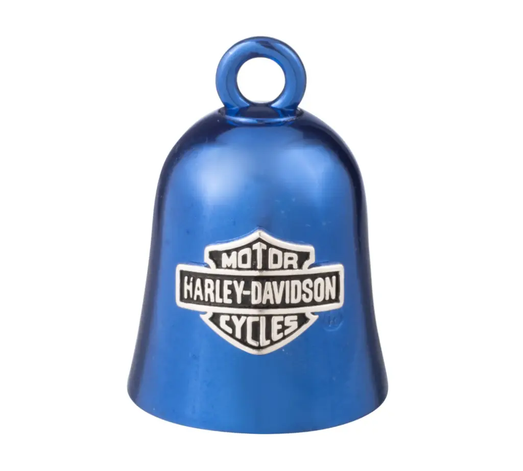 BLUE AND SILVER BAR AND SHIELD ENGRAVED LOGO RIDE BELL.