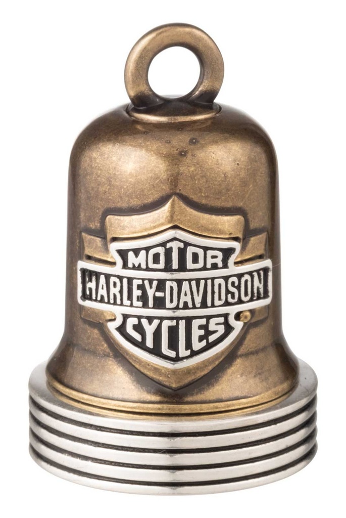 TWO-TONE BAR AND SHIELD LOGO WITH STRIPPED EDGE RIDE BELL.