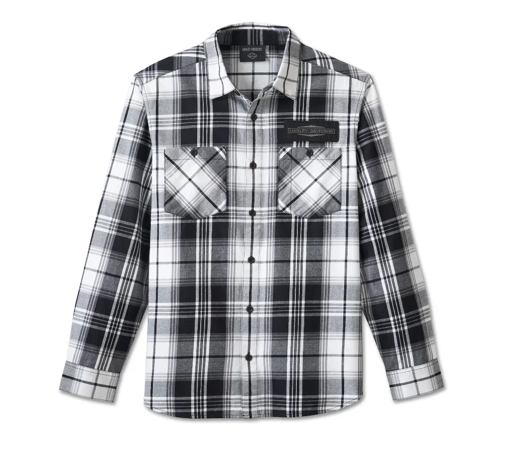 Men's Stacked Bar & Shield Long Sleeve Plaid Shirt - Plaid - Harley Black & Cloud Dancer